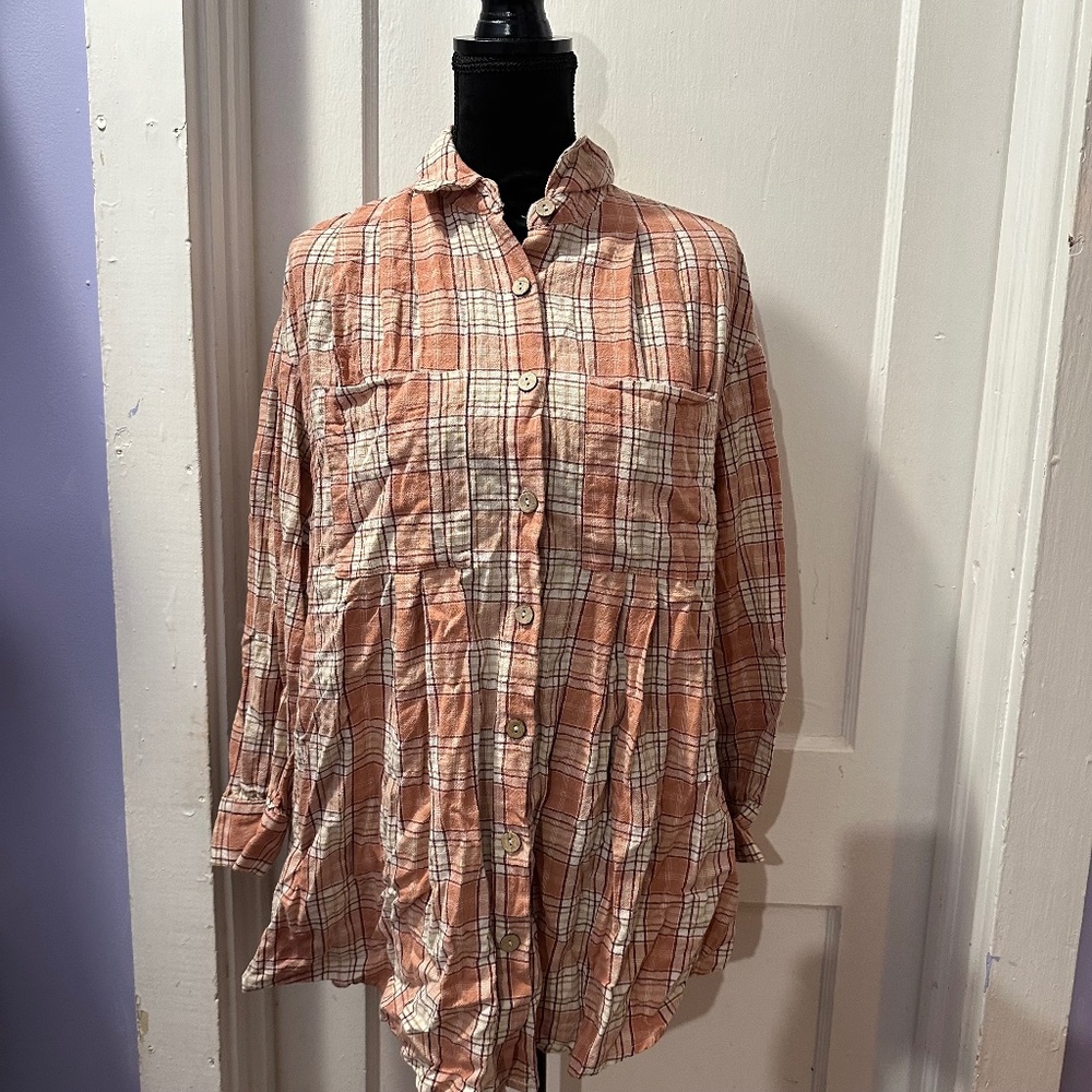 Listicle Orange Plaid Button Down Long‎ Sleeve Top in S